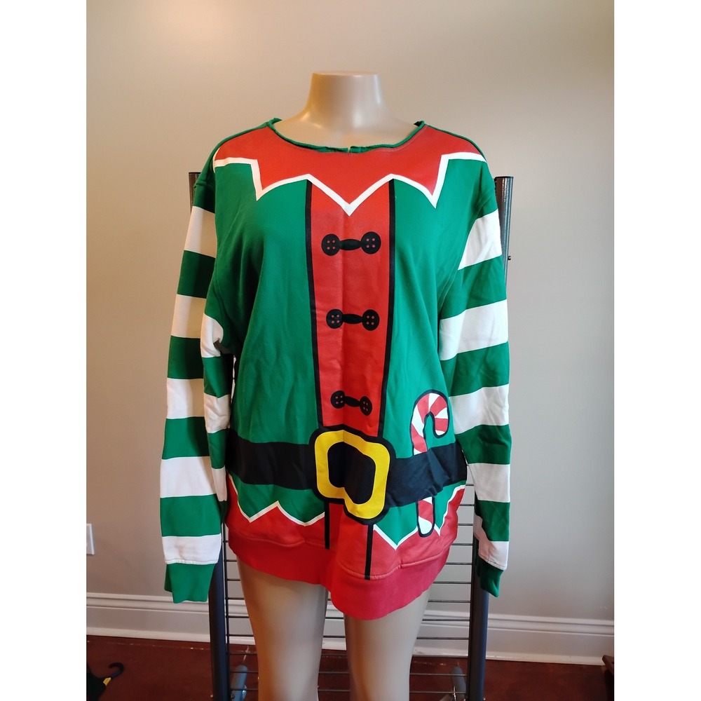 Well Worn Holiday Sweater Mens XL Green Elf Costume Graphic Sweatshirt Christmas